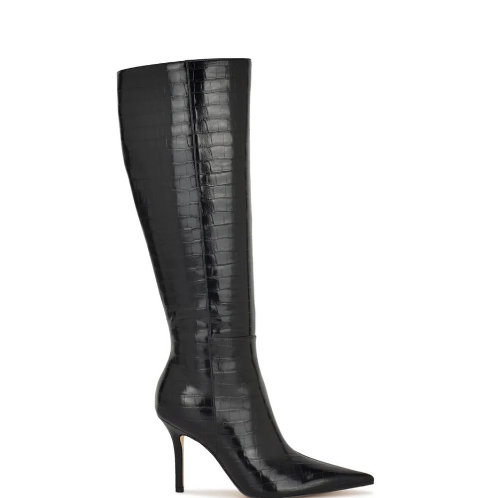 Nine West Black Croc-Embossed Knee High Boots | Pointed Toe Stiletto | Size 8.5
